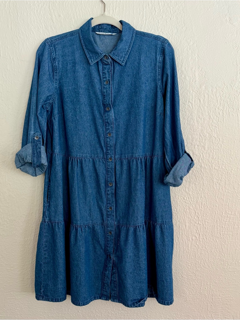 Button-Front Blue Denim Tiered Midi Shirt Dress